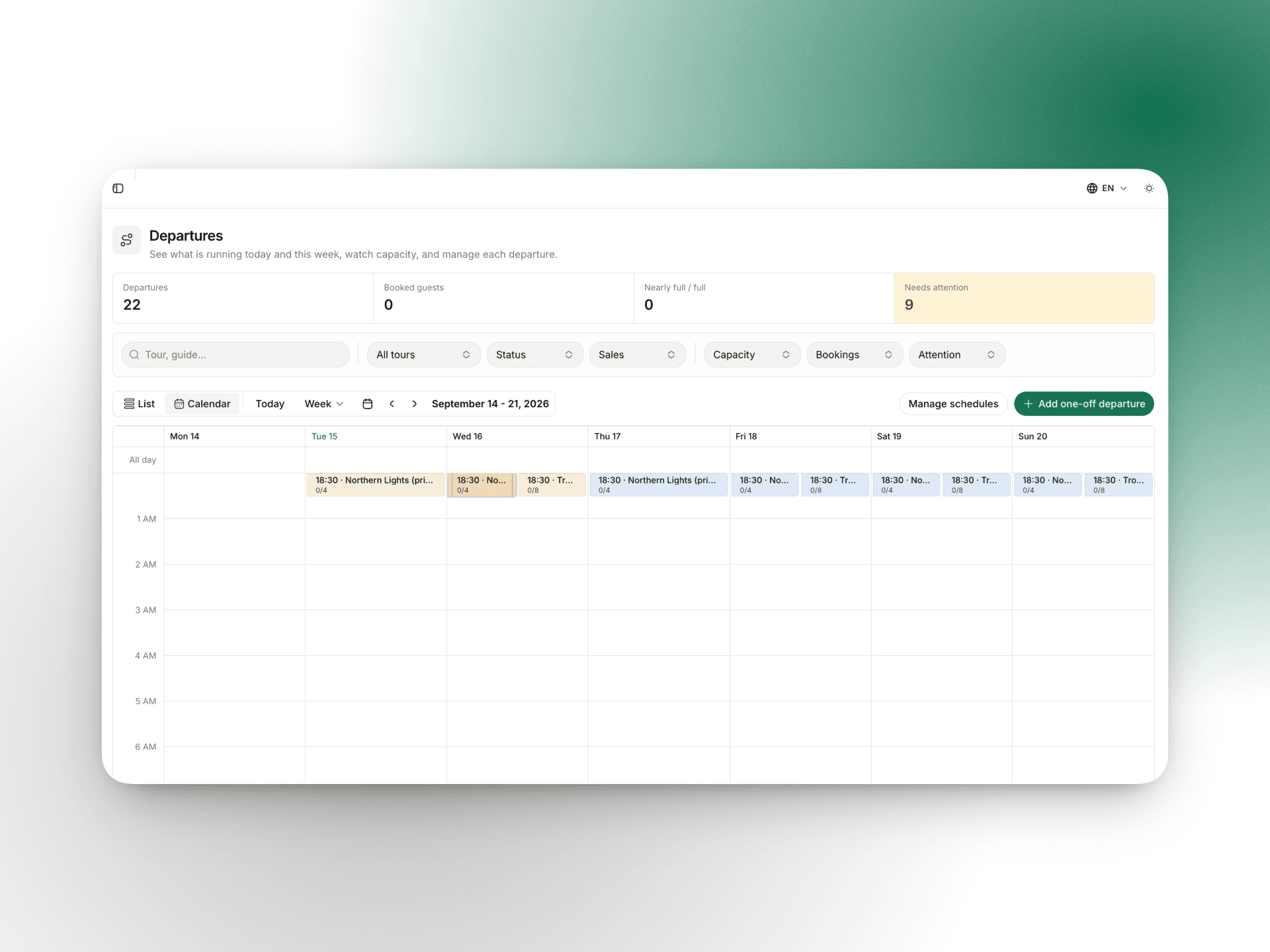 Admin booking detail with line items, Stripe payment, refund form, and timeline